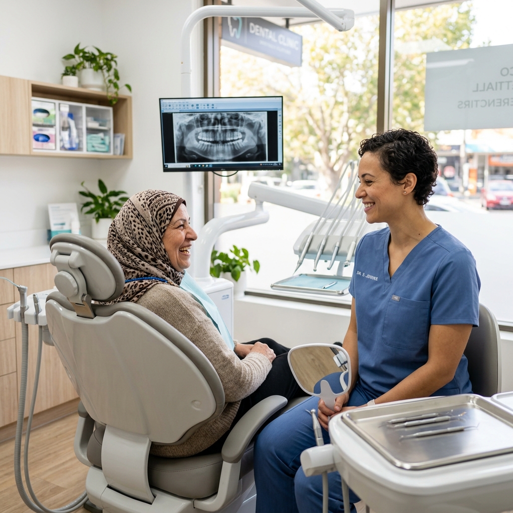 Volunteer dentist with immigrant patient in a modern dental clinic